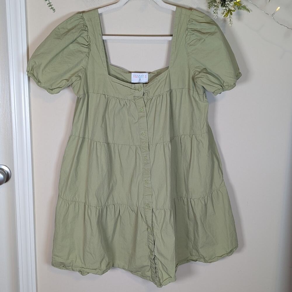 Compania Fantastica Green Button Tiered Puff Sleeve Cotton Dress